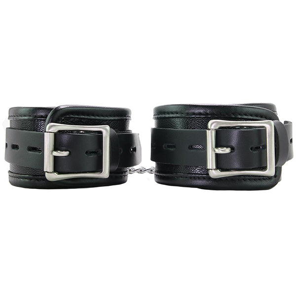 Luvland Mistress Premium Leather Wrist Cuffs with adjustable straps and silver hardware for bondage and restraint play.