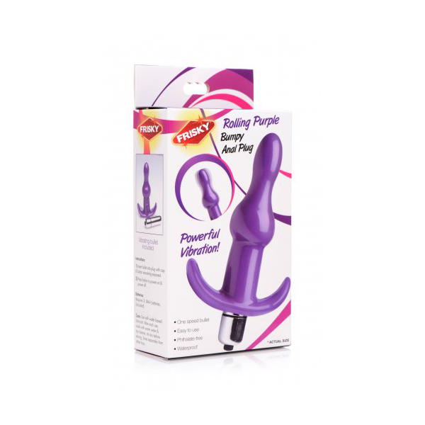 Purple Frisky Bumpy Anal Plug by Luvland with rolling textured design for enhanced stimulation.