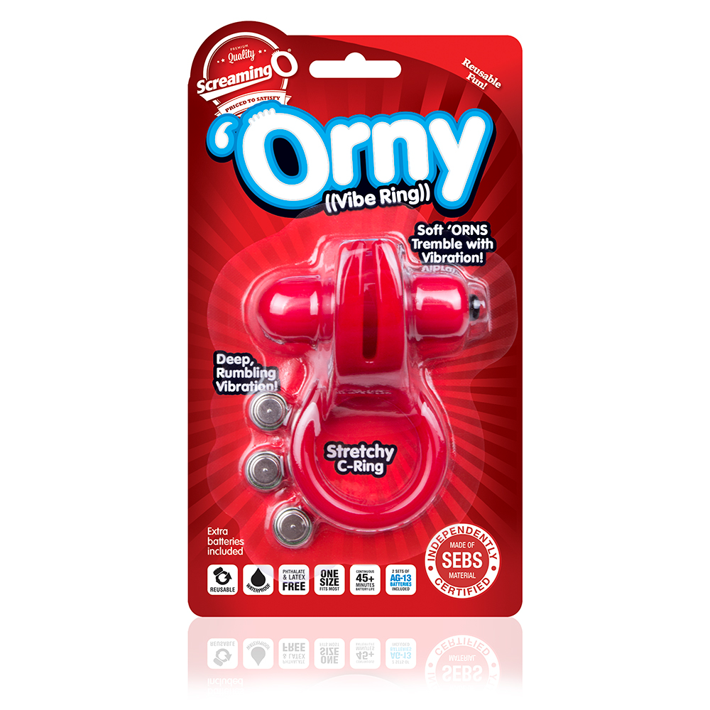 Screaming O Orny Vibe Ring in red, a discreet adult toy featuring a flexible silicone design and vibrating function.