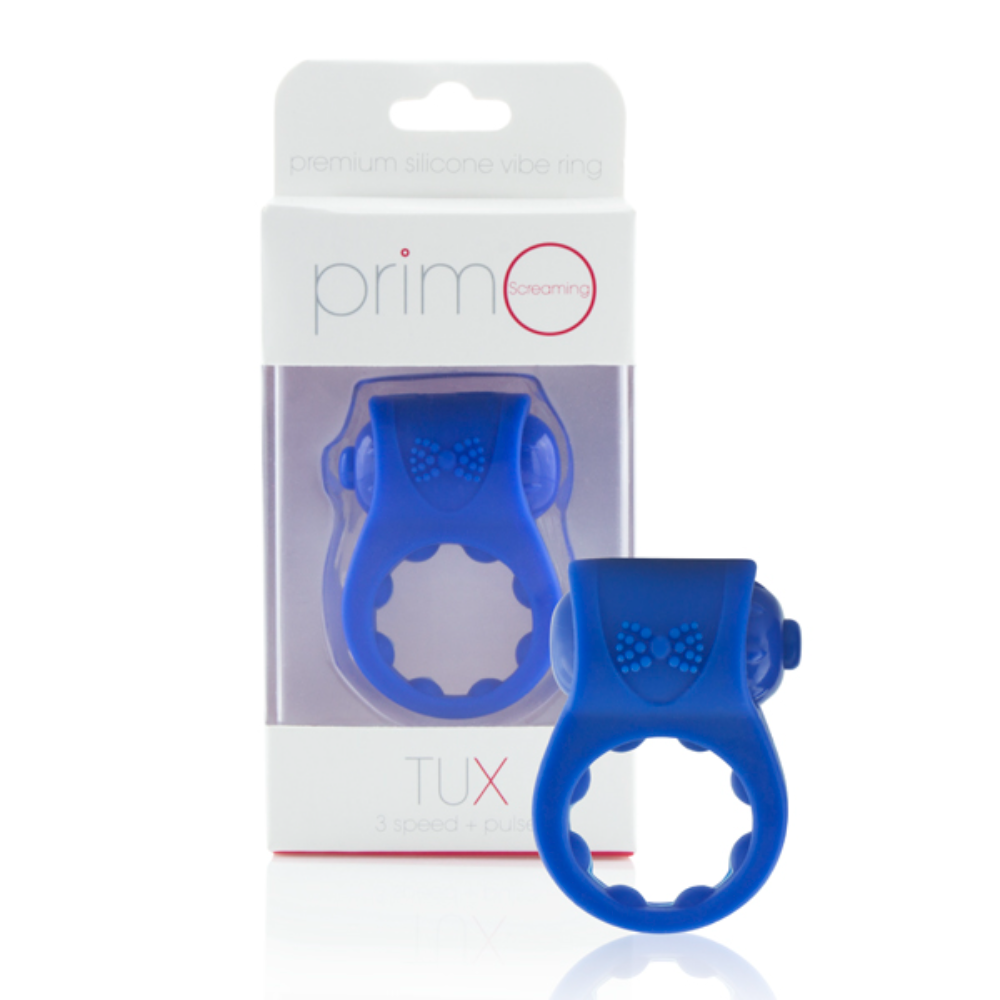 Blue box of Screaming O Primo Tux, a personal massager with sleek design and ergonomic shape for intimate pleasure.