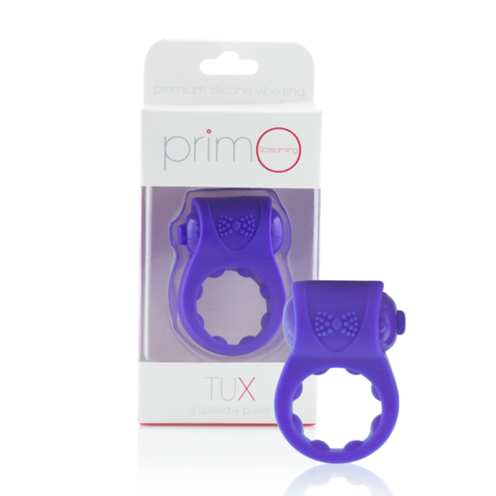 Purple PrimO box from Screaming O, featuring the sleek, compact packaging of the Screaming O Primo Tux personal massager.