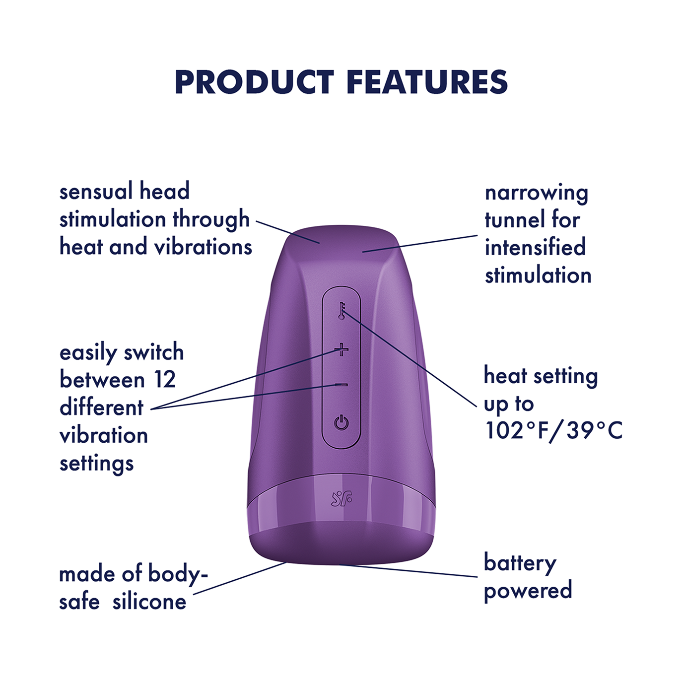 Satisfyer Men Heat Vibration replaceable battery male masturbator in berry color with textured interior and control buttons.