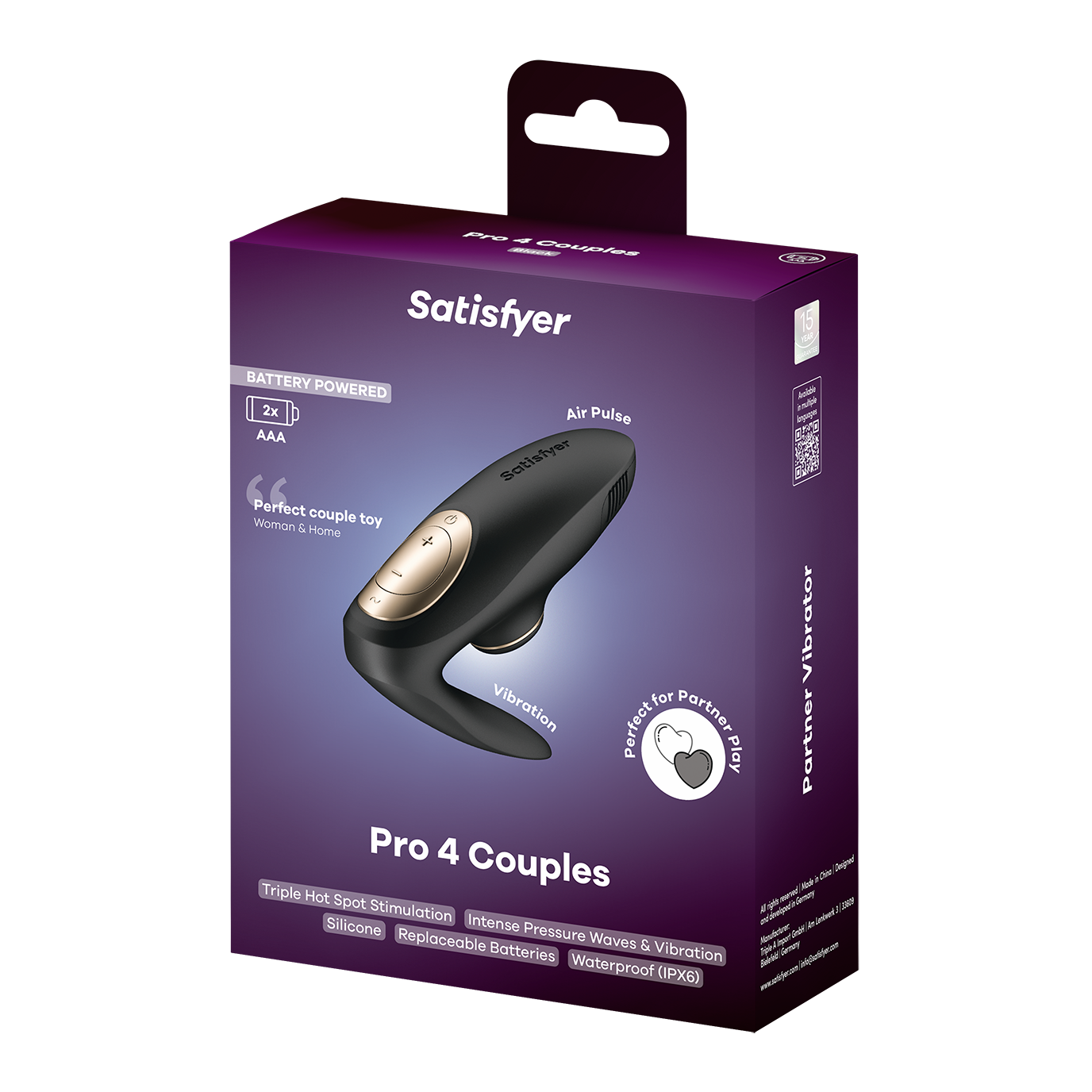 Black Satisfyer Pro 4 Couples vibrator with replaceable battery, featuring air pulse technology for intimate pleasure.
