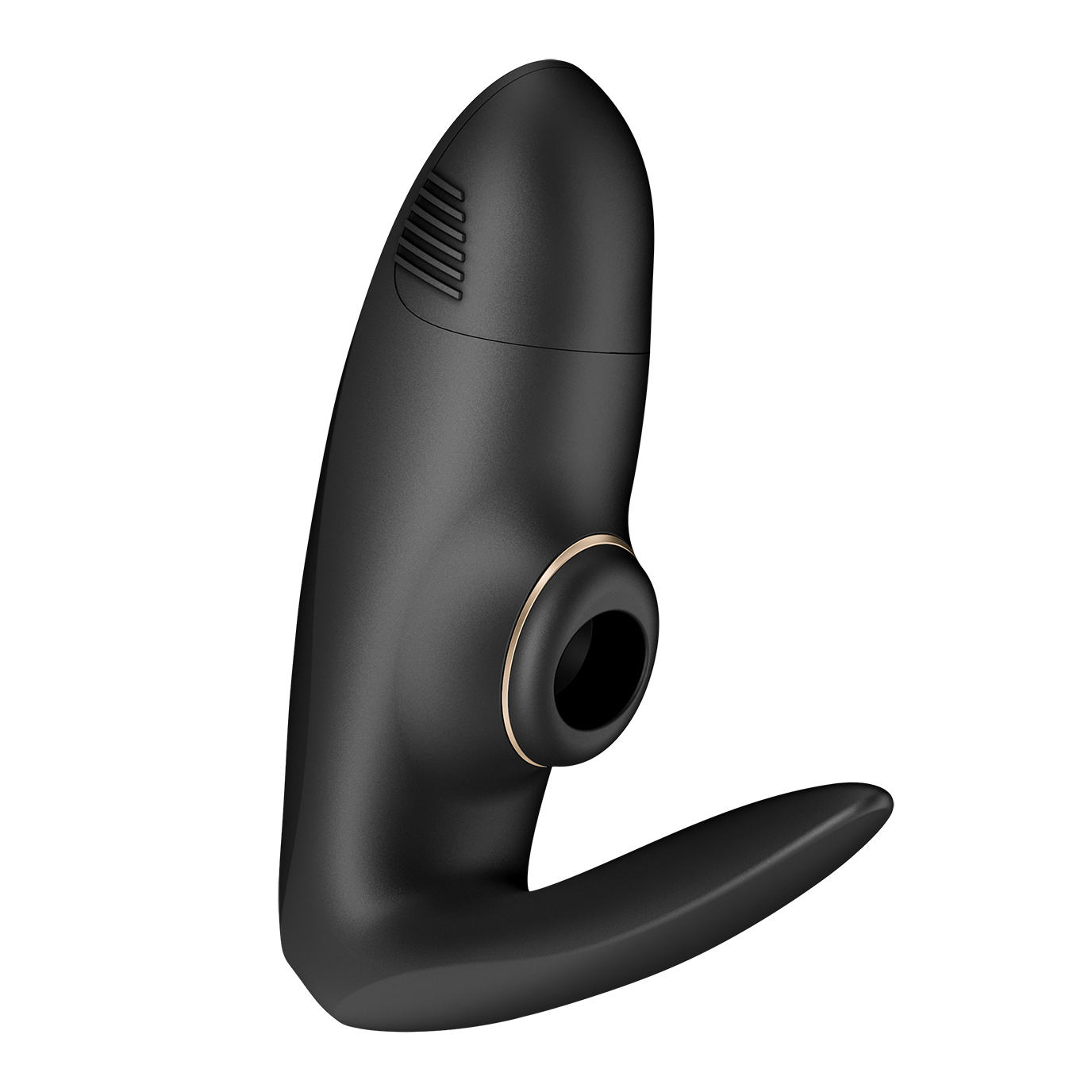 Black Satisfyer Pro 4 Couples vibrator with replaceable battery and air pulse design, shown in close-up view.