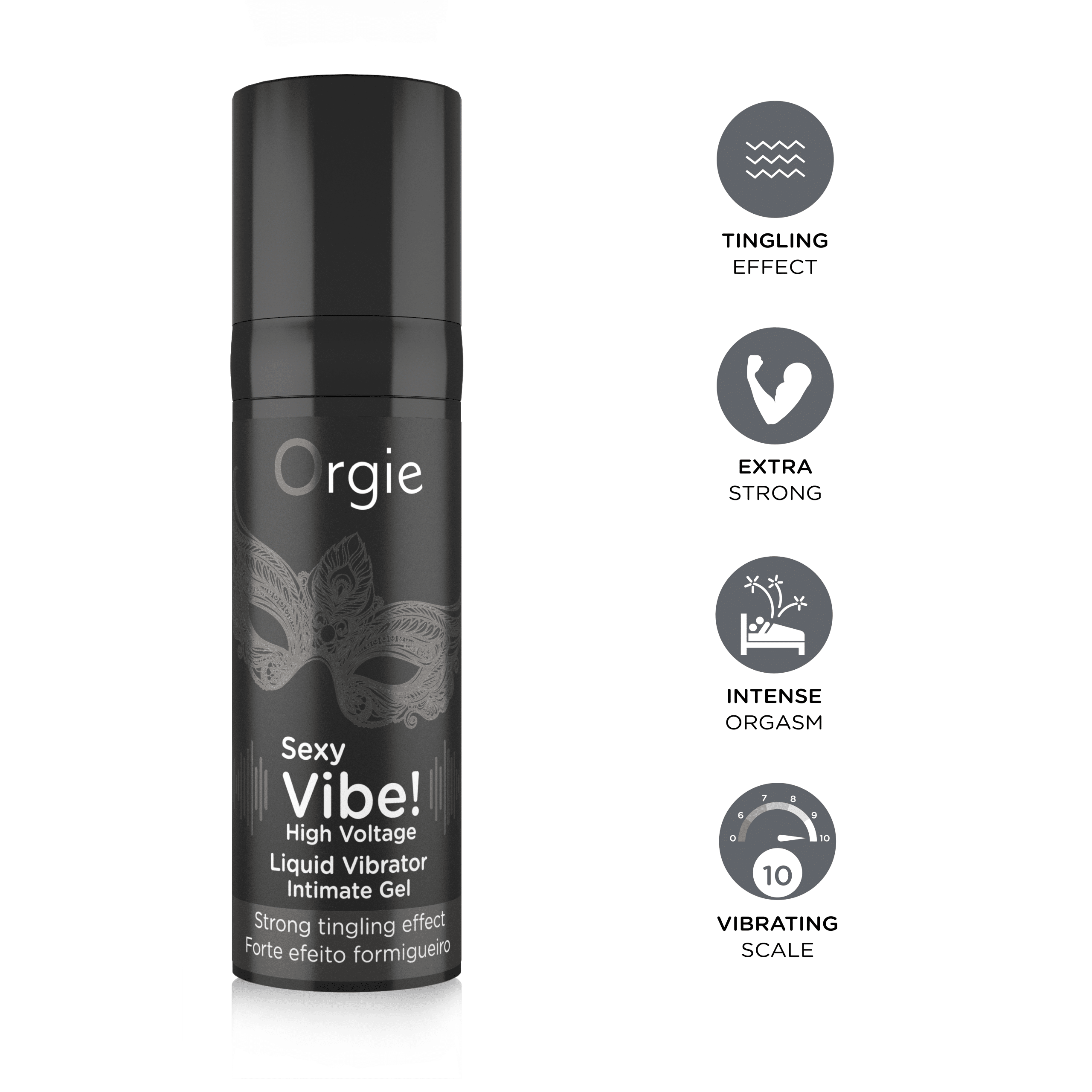 Orgie Sexy Vibe High Voltage 15ml lubricant bottle with vibrant label, designed for enhancing intimacy and pleasure.