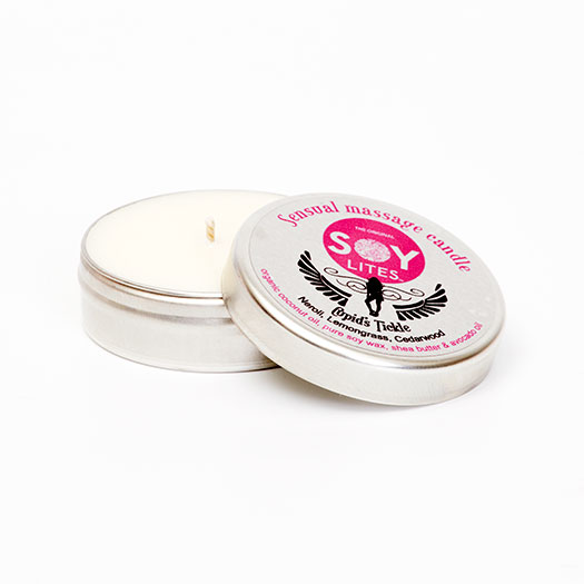 Luvland SoyLites Cupids Caress massage oil travel-sized 55ML bottle with romantic design and clear labeling.