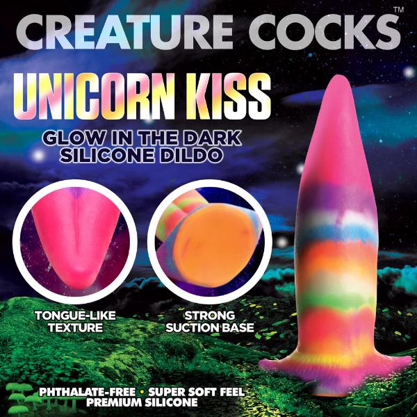 XR Creature Cocks Unicorn Kiss dildo with realistic unicorn design and vibrant colors, detailed texture, and smooth silicone finish.