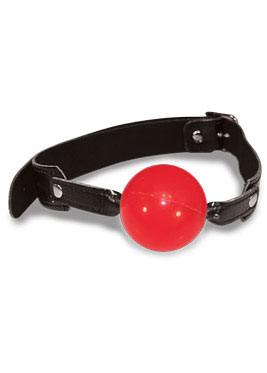 Luvland Sex & Mischief solid red ball gag with adjustable strap and metal hardware for BDSM play and restraint.