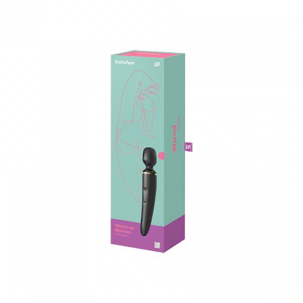 Black Satisfyer Wand-er Women vibrator in packaging, designed for women’s pleasure with ergonomic shape and smooth surface.