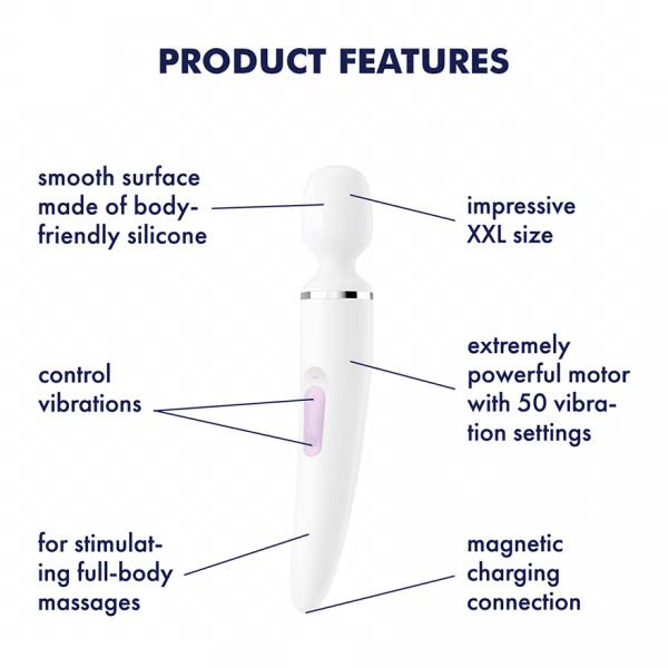 White Satisfyer Wand-er Women vibrator with ergonomic handle and smooth surface, designed for targeted stimulation.