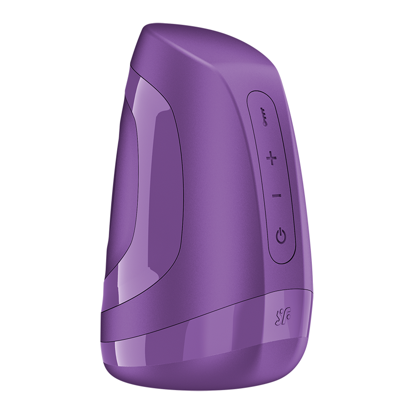 Satisfyer Men Heat Vibration masturbator with replaceable battery in berry color, featuring textured interior and heating function.