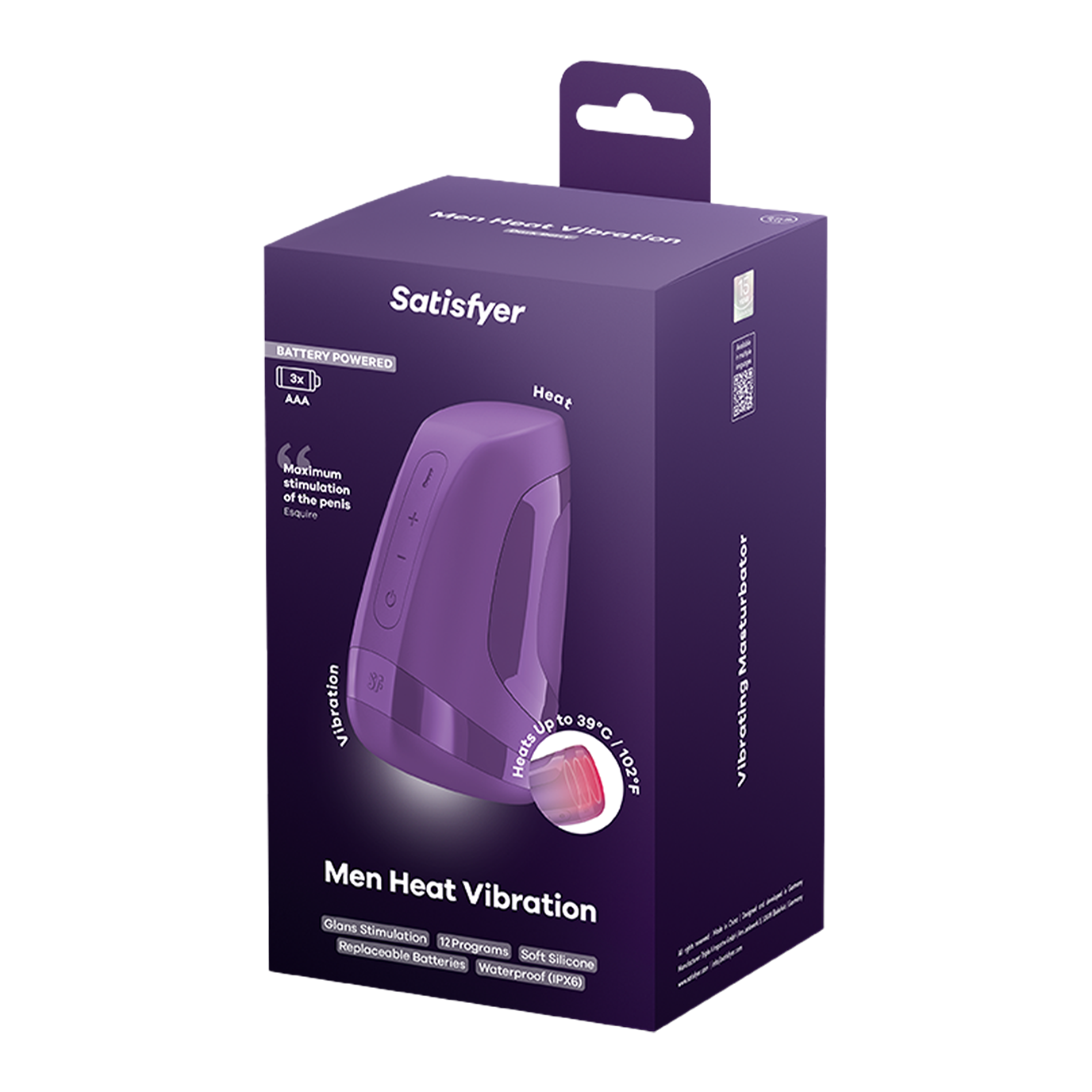 Satisfyer Men Heat Vibration masturbator with replaceable battery packaging, featuring a berry-colored design and textured surface.