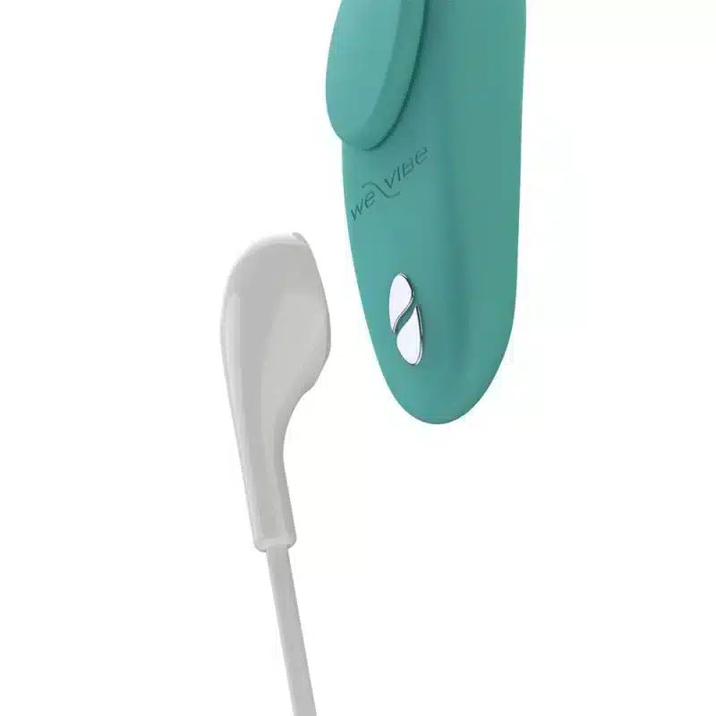 Luvland We Vibe Moxie and clitoral stimulator in aqua color, compact design, and sleek shape for discreet pleasure.