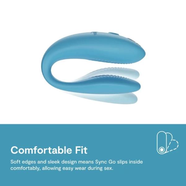 Blue We Vibe Sync Go couples vibrator with sleek design and remote control for adjustable pleasure experience.