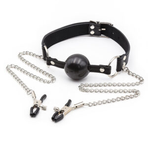 Black Gag With Chained Nipple Clamps